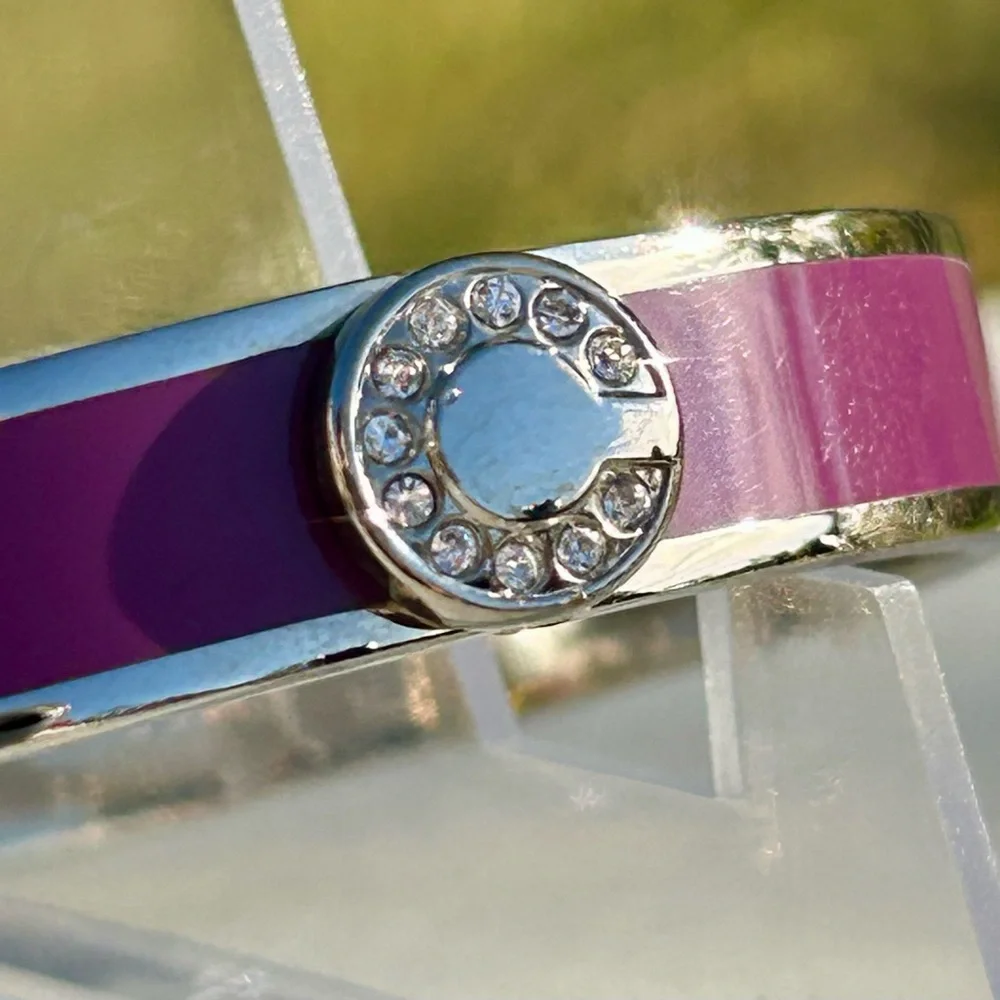 Coach Signature C Magenta Purple Silver Enameled Hinged Bangle Bracelet
